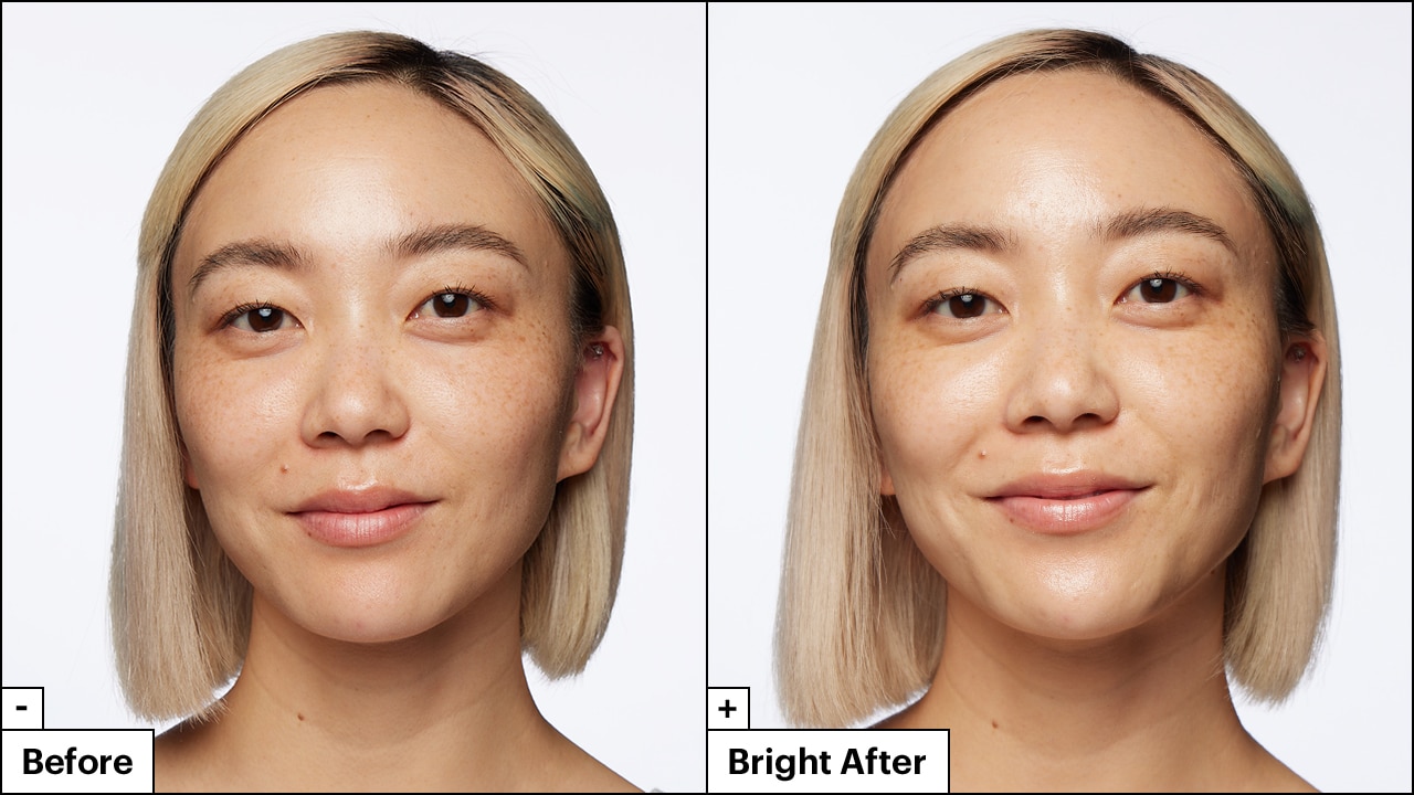 A woman reveals brighter, glowing skin in her before and after photos when using Dr.Jart+'s Vitamin C skincare mask. 