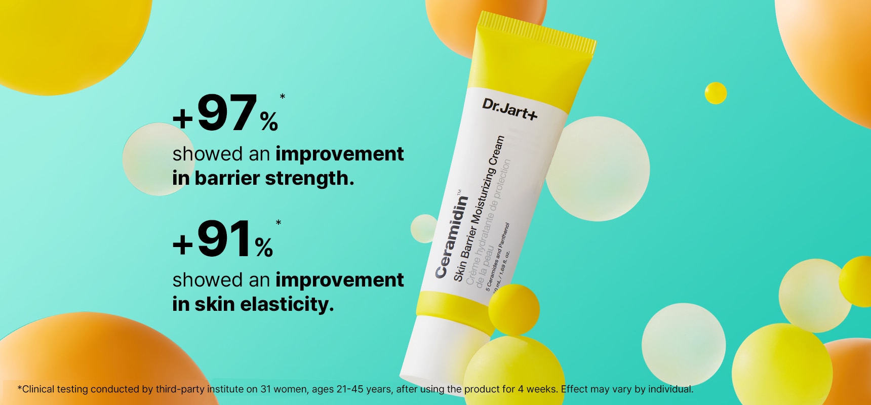 Ceramidin Cream tube on abstract background. +97% showed improvement in barrier strength