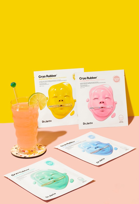 Cryo Rubber Masks are displayed on a peachy background with icy cocktails and fruit