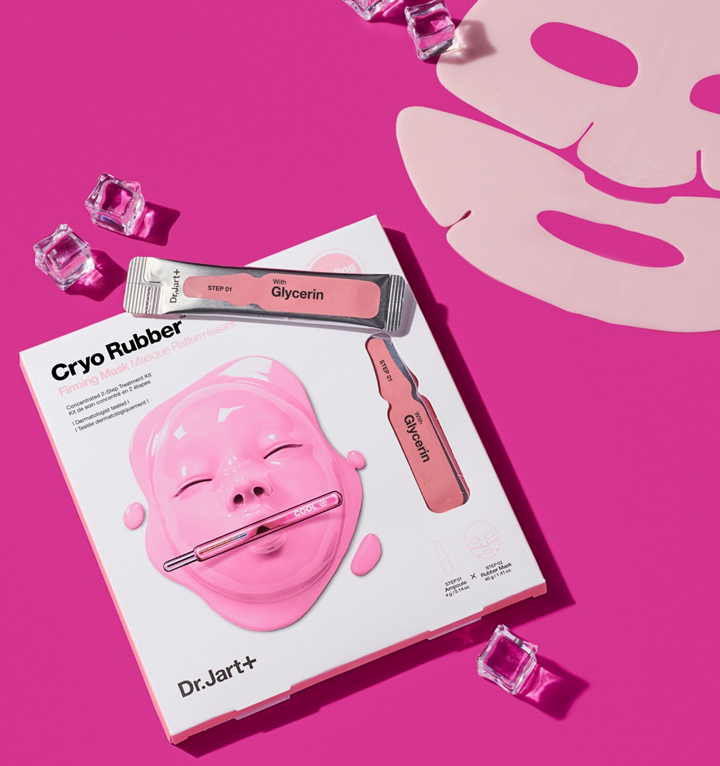 Cryo Rubber Collagen Face Mask package is displayed with serum ampoule packet among ice cubes.