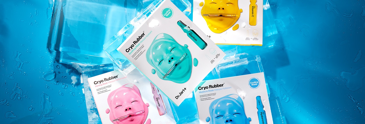 Cryo Rubber Face Masks with Vitamin C, Allantoin, Collagen and Hyaluronic Acid are stacked on a display of ice cubes
