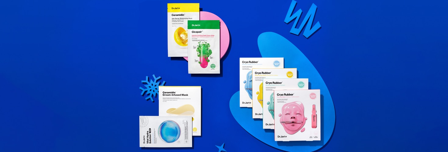 A variety of Dr.Jart+ skincare face masks are laid out on brightly colored background