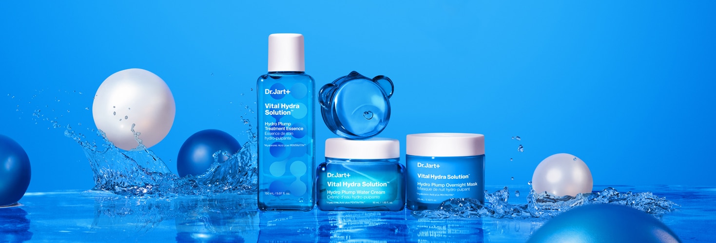 Dr.Jart+'s Vital Hydra Solution Collection of moisturizers, masks and lip products are splashed with water