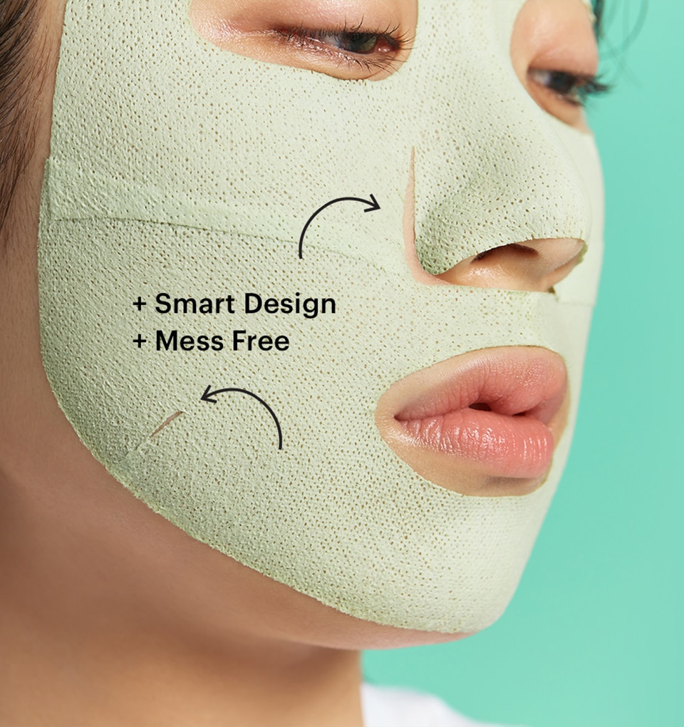 A man wears Pore Remedy Mud Face Mask to unclog pores. The fabric-like face mask material adhering easily to skin when applied.